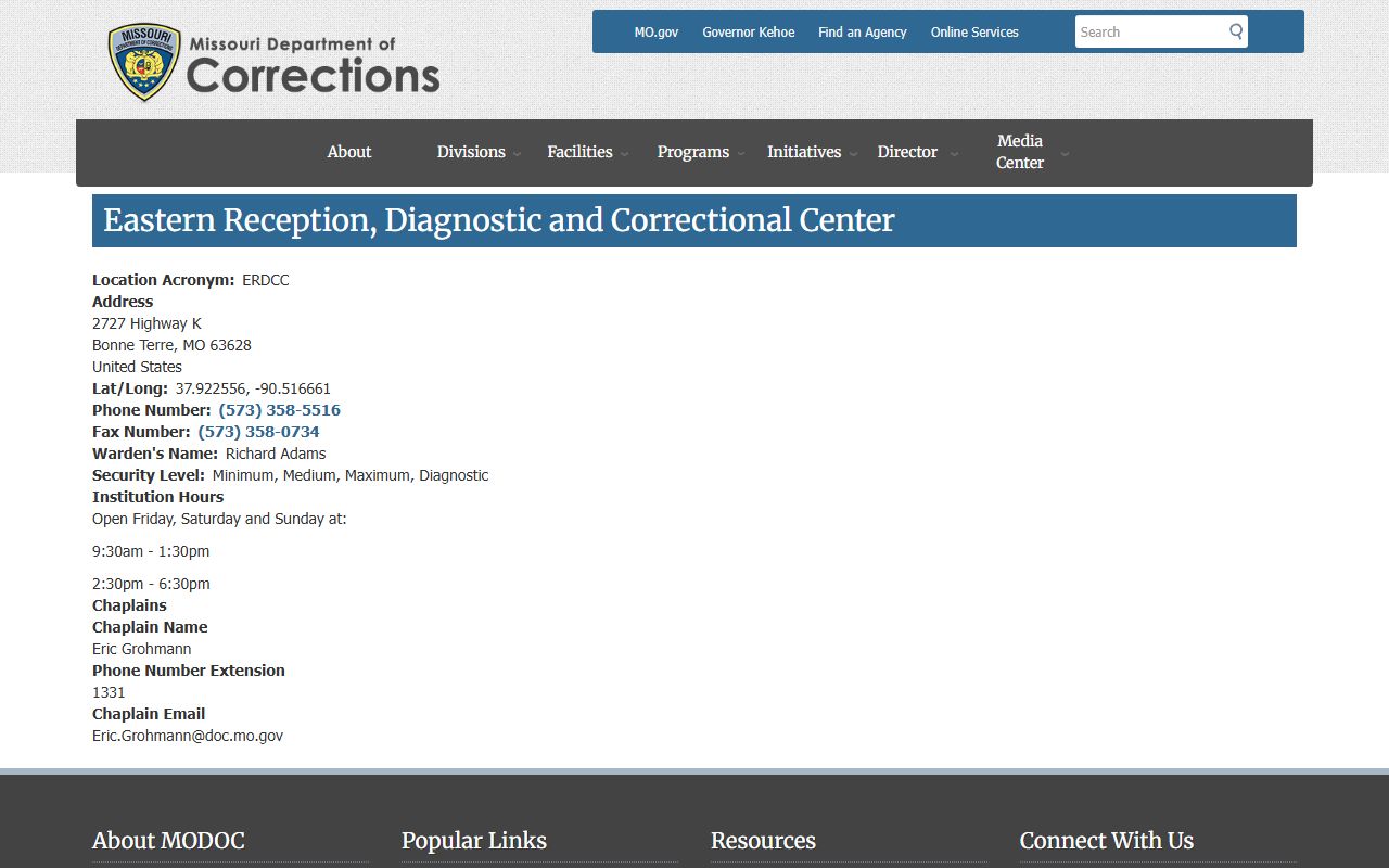 Eastern Reception, Diagnostic and Correctional Center Missouri DOC inmate search and visiting information