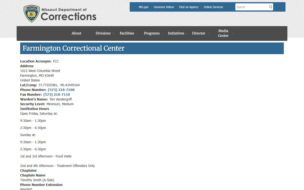 Farmington Correctional Center Missouri DOC inmate search and visiting information