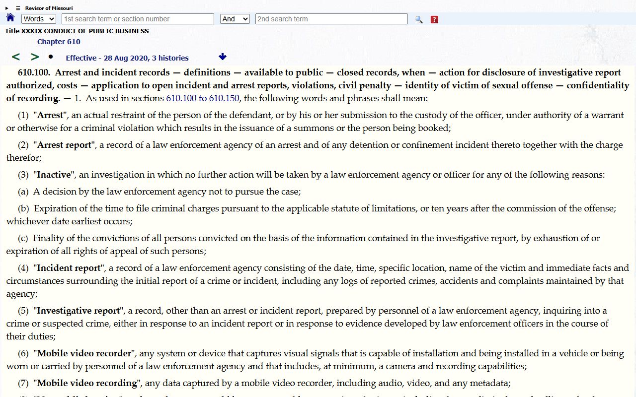 Missouri 610.100 law for St. Francois County jail mugshots and arrest reports